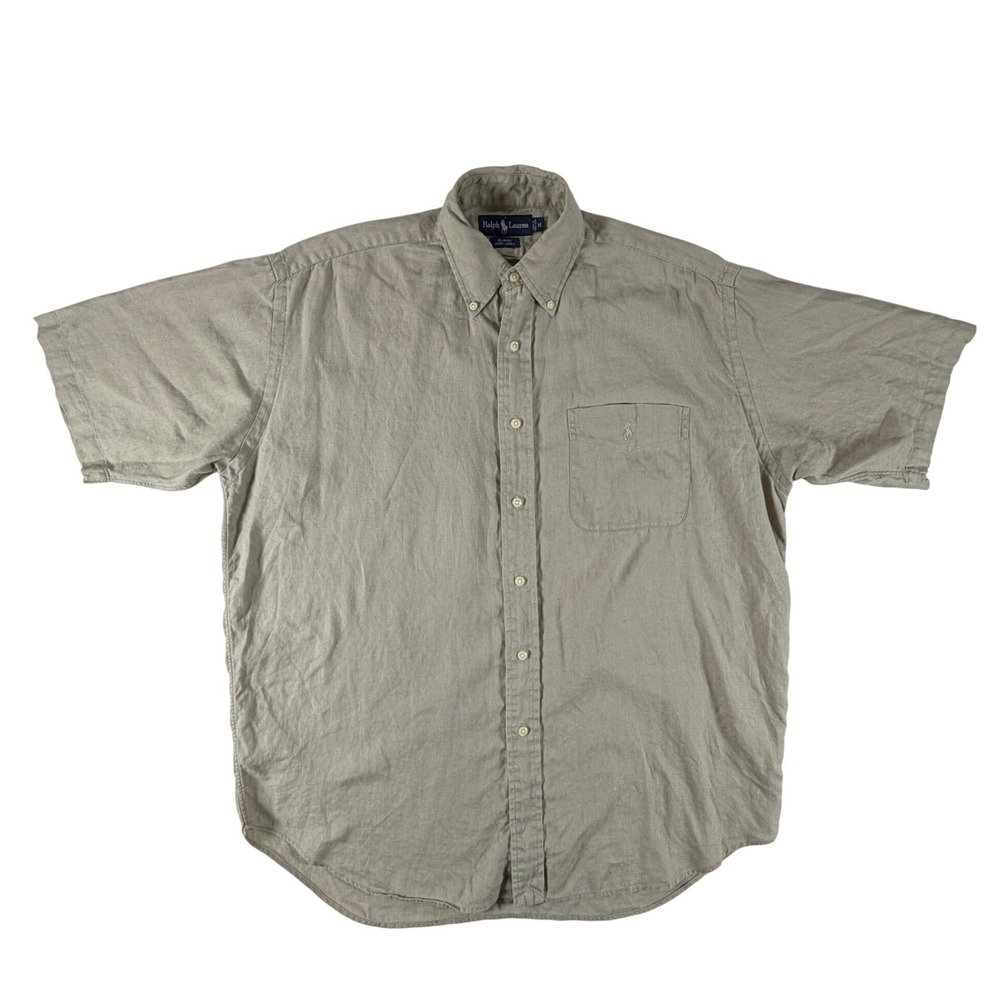 Vintage Ralph Lauren Blaire Mens Medium Tan 100% Linen Short Sleeve Button Shirt